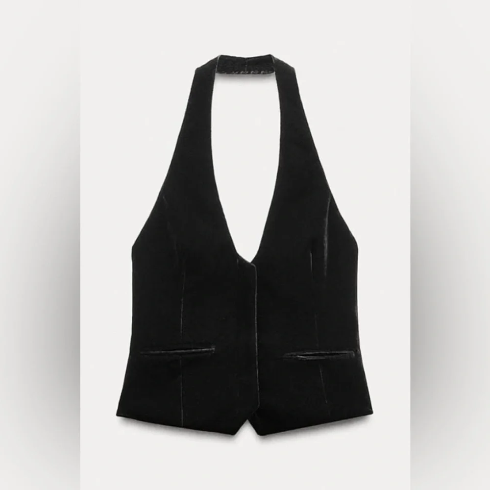 ZARA Black Velour Button Halter Neck Top/Vest size medium - Picture 3 of 8